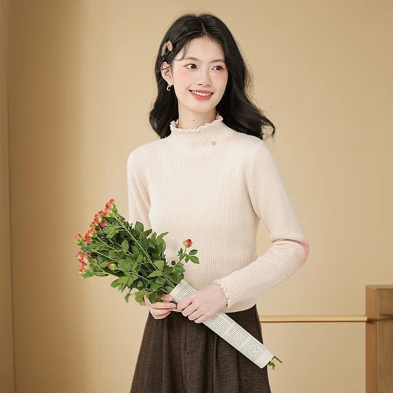 木耳边内搭打底衫女2024秋冬新款加绒加厚半高领修身针织上衣