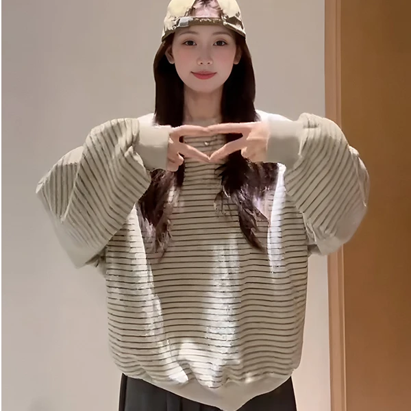 高级感圆领条纹长袖套头卫衣女秋季百搭宽松显瘦休闲上衣漂亮遮肉