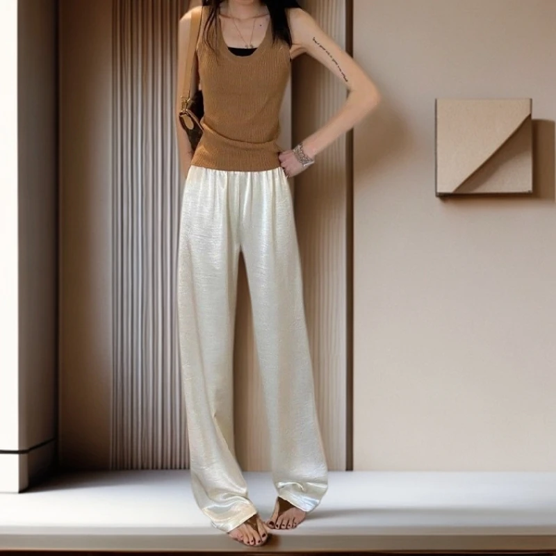 【雅岚女装】时尚洋气显瘦白色阔腿裤女高腰夏季缎面醋酸休闲直筒