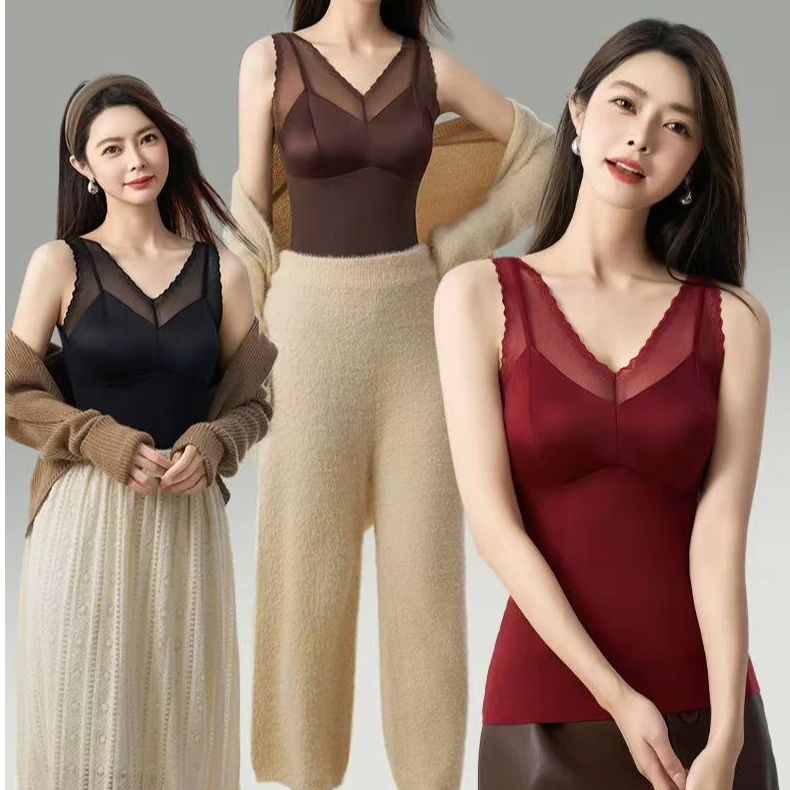 双倍保暖 秋冬高档保暖美背双面磨毛加暖贴片打底背心一体固定杯