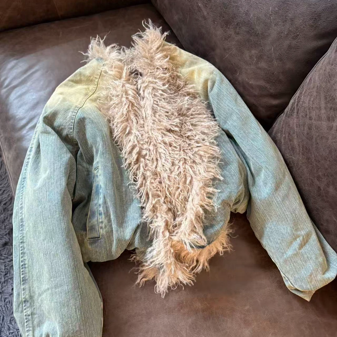 A980 牛仔时尚女士加绒加厚水洗拼接冬季蓝色短款休闲百搭外套