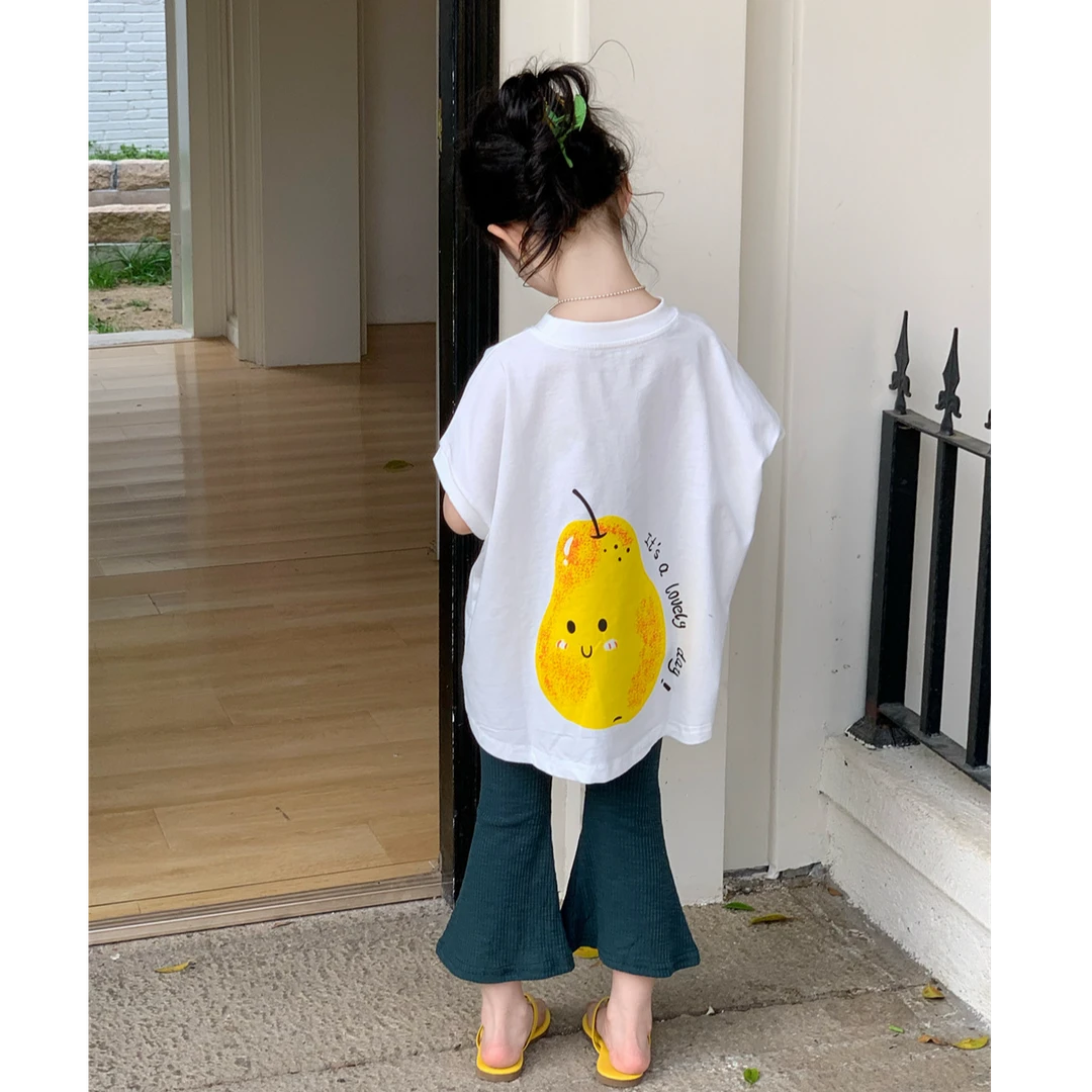 25夏装新款韩系女童套装可爱卡通印花宽松短袖T恤宝宝九分喇叭裤