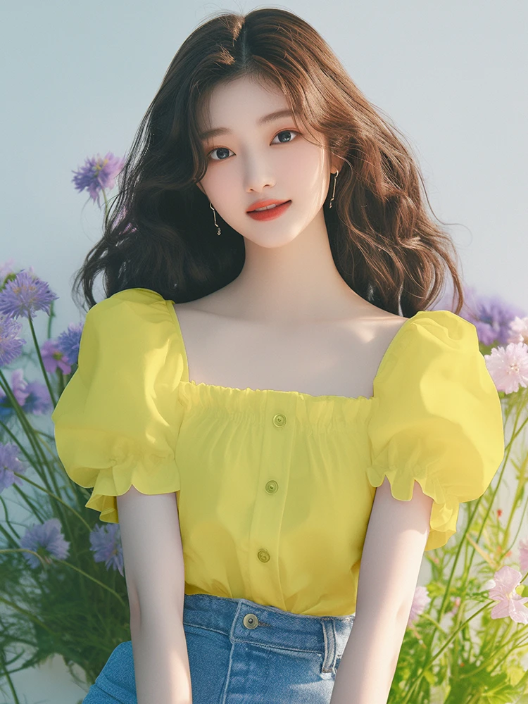 今年流行漂亮高级感超好看气质上衣小香风黄色方领衬衫女夏小个子