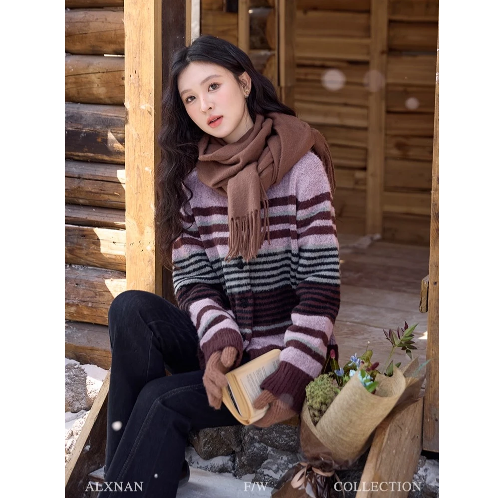 【清清】气质圆领毛衣开衫女2024冬季新款保暖显瘦上衣