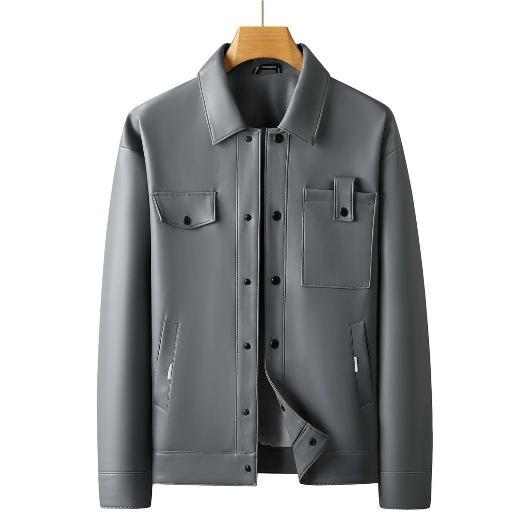 男士百搭潮流时尚百搭秋冬季翻领大码商务休闲男翻领PU夹克外套WD