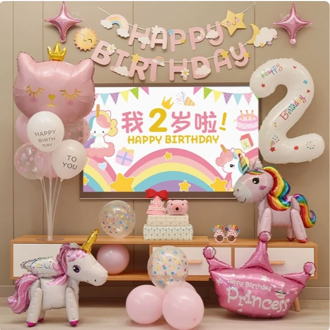 生日气球场景布置电视投屏儿童周岁卡通背景墙宝宝派对套餐女孩