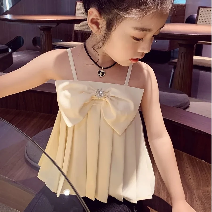女童夏季吊带衫洋气儿童蝴蝶结背心薄款外穿露肩女孩时髦甜美上衣