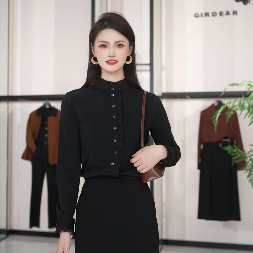 GIRDEAR/哥弟法式气质宫廷风木耳边立领轻职场纯色衬衫1300936
