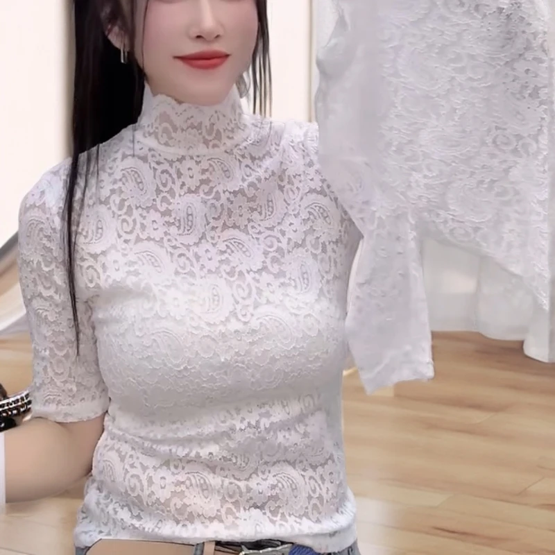 夏季白色镂空蕾丝半高领立领打底衫蕾丝打底时尚百搭内搭小衫