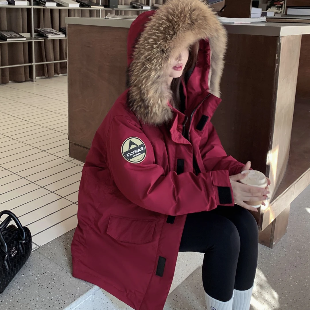 大码胖MM加大码200斤加厚派克抽绳收腰连帽大毛领羽绒服