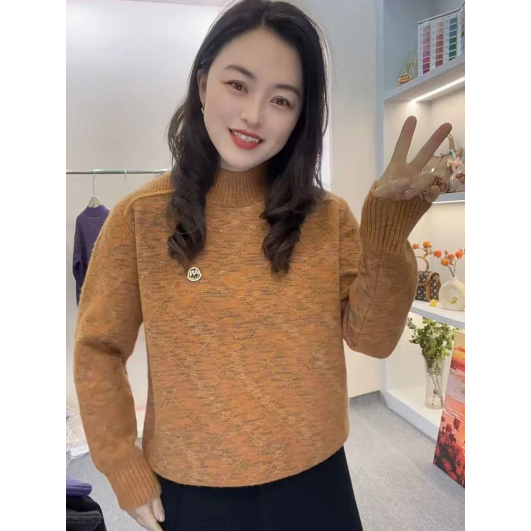 菱格花纱半高领毛衣网红女装百搭保暖厚针织宽松显瘦套头长袖