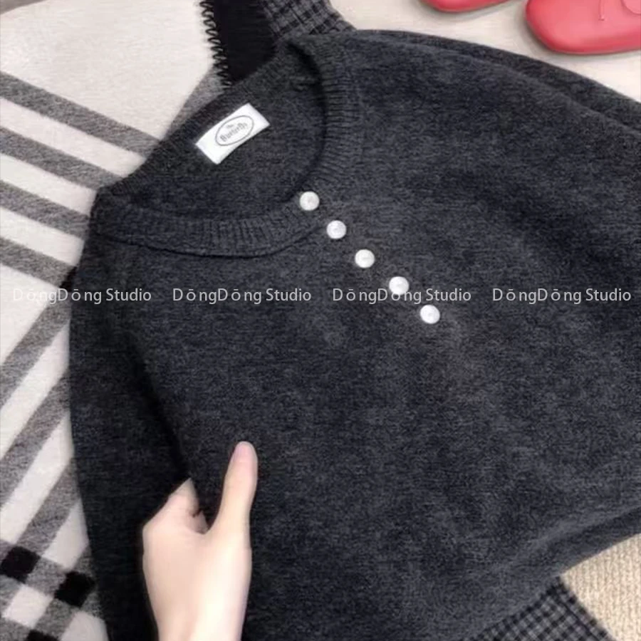 秋冬新品【玉扣全毛】黑灰圆领套头纯色宽松长袖针织衫保暖毛衣7099