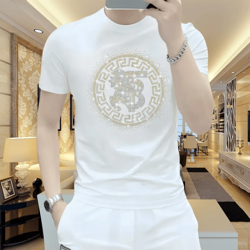 欧货2025新款夏季烫钻男士时尚休闲百搭潮流修身圆领冰丝短袖T恤