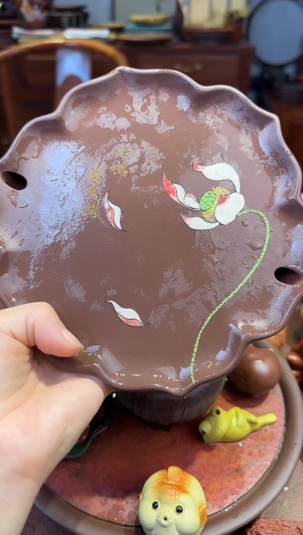 紫砂茶宠紫泥莲花壶承