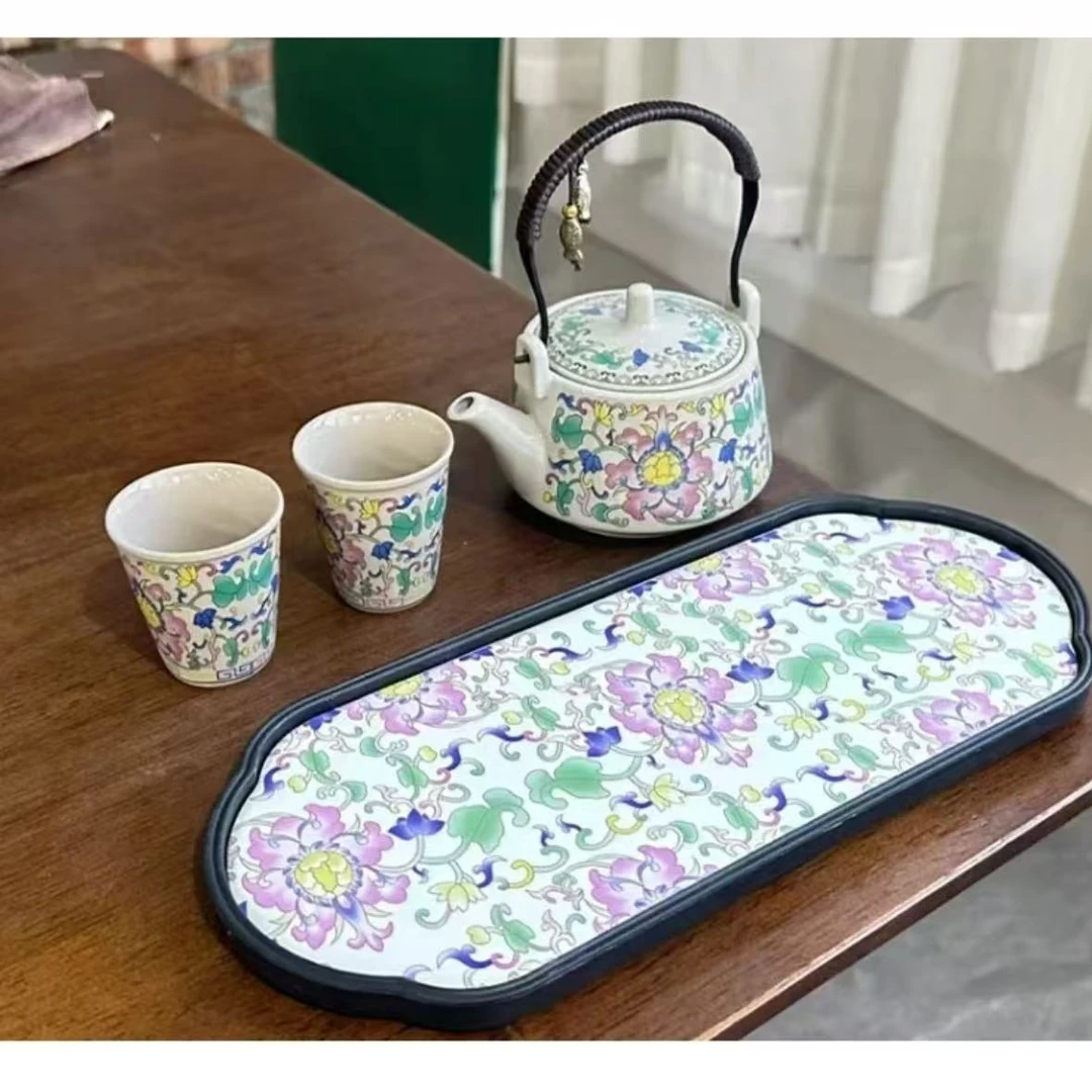 复古中式陶瓷冰灰珐琅彩提梁壶1壶2杯带茶盘