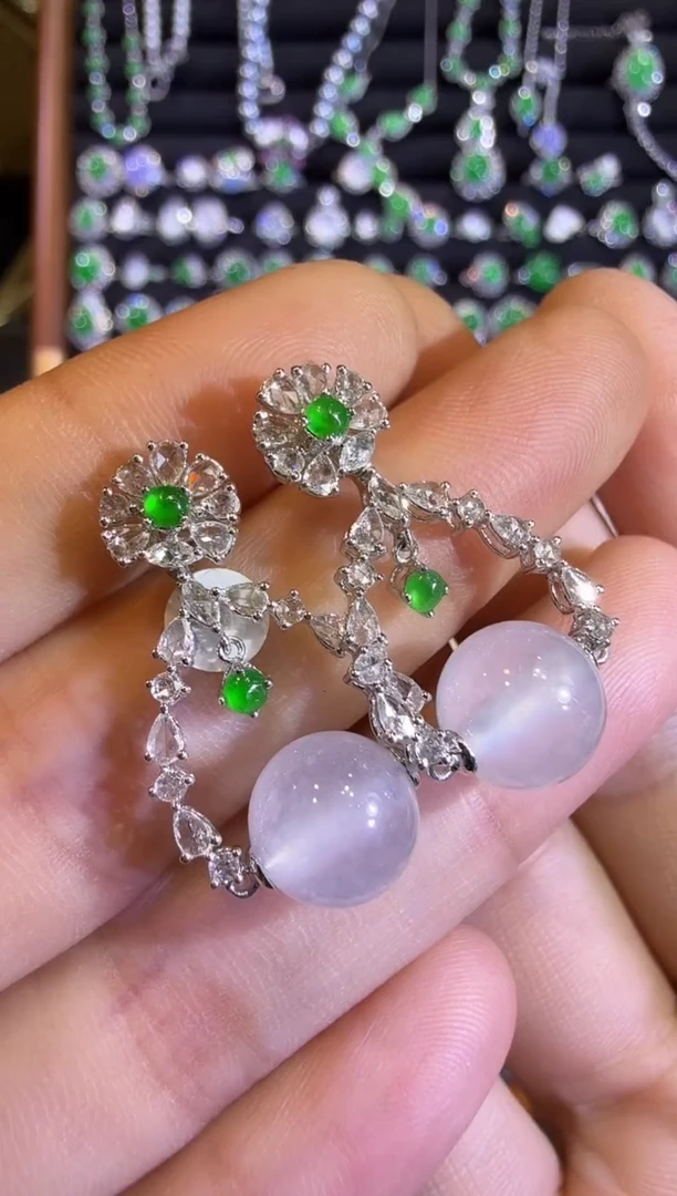 翡翠18K金镶嵌耳饰玻璃种珠珠耳坠