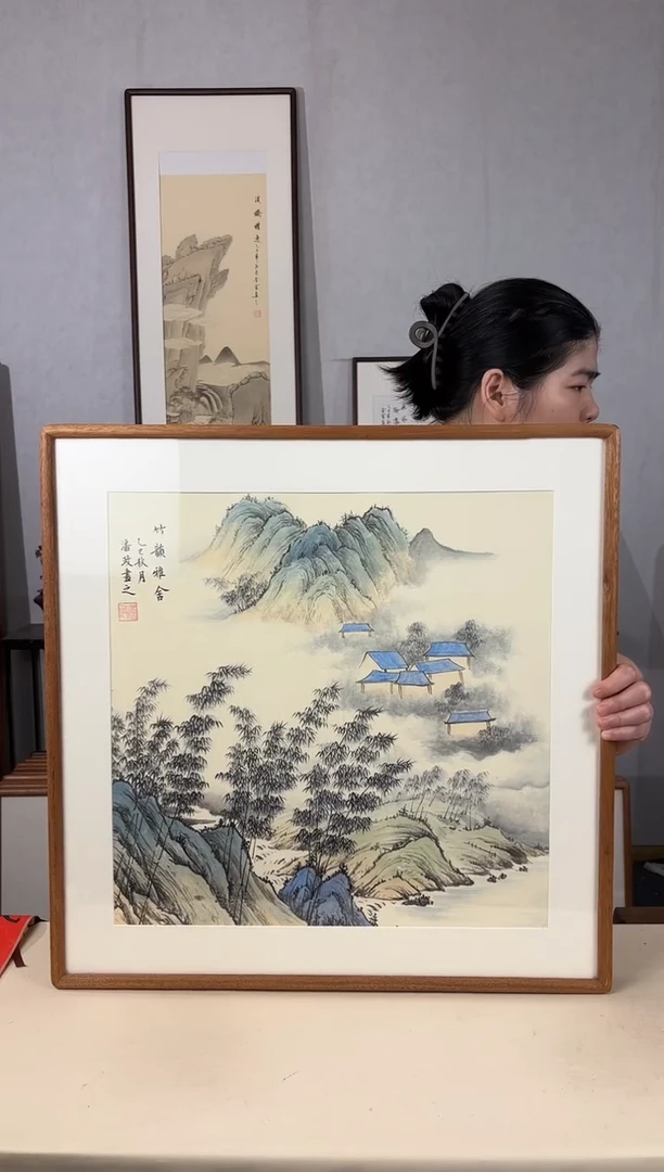国画手绘*竹韵雅舍*62*62cm实木框