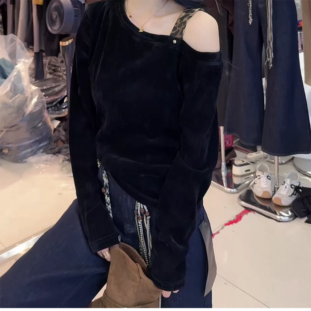 黑色长袖韩版露肩网红百搭T恤打底衫秋冬C6047