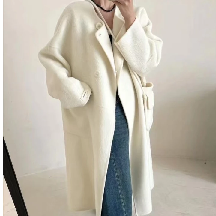 春秋新款复古圆领双面绒大衣长款显瘦款
