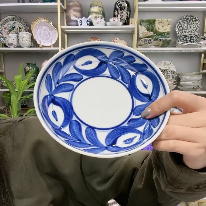 【单支】日本进口有田烧善山手绘蓝海草甜品盘15.3cm