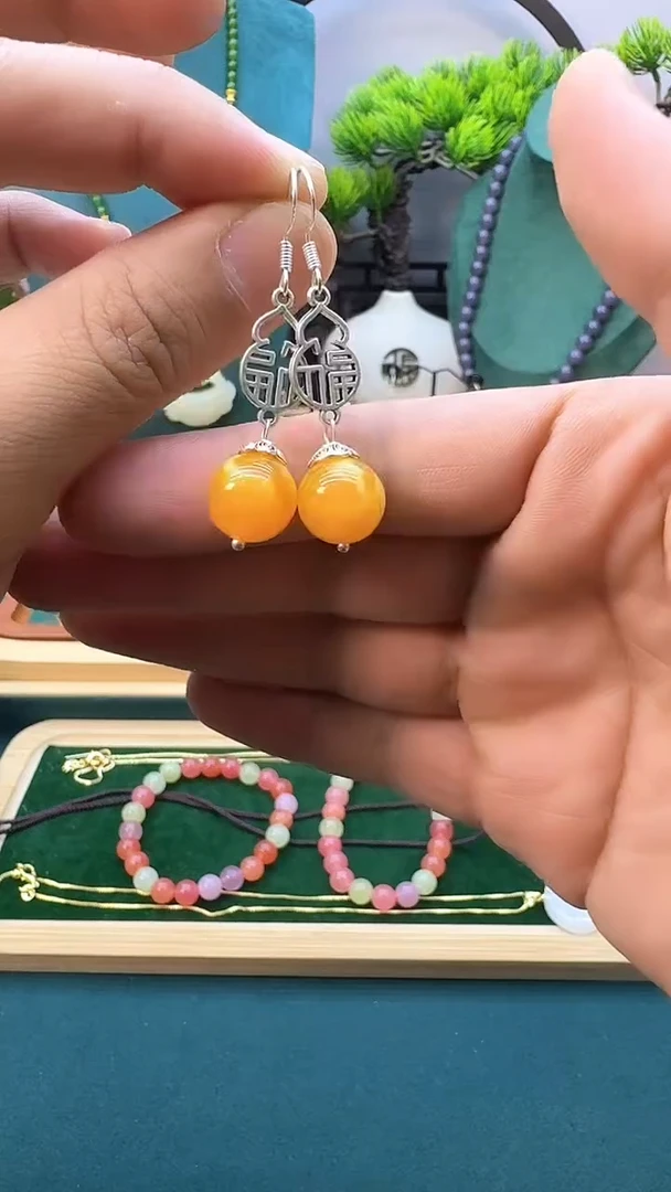 银S925镶嵌蜜蜡耳饰E57