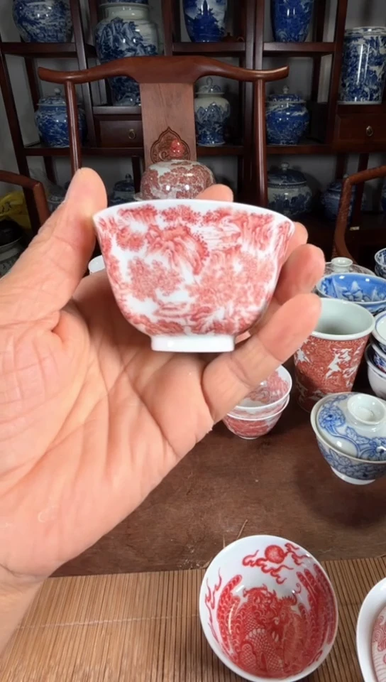 柴窑釉里红山水杯杯张天云绘