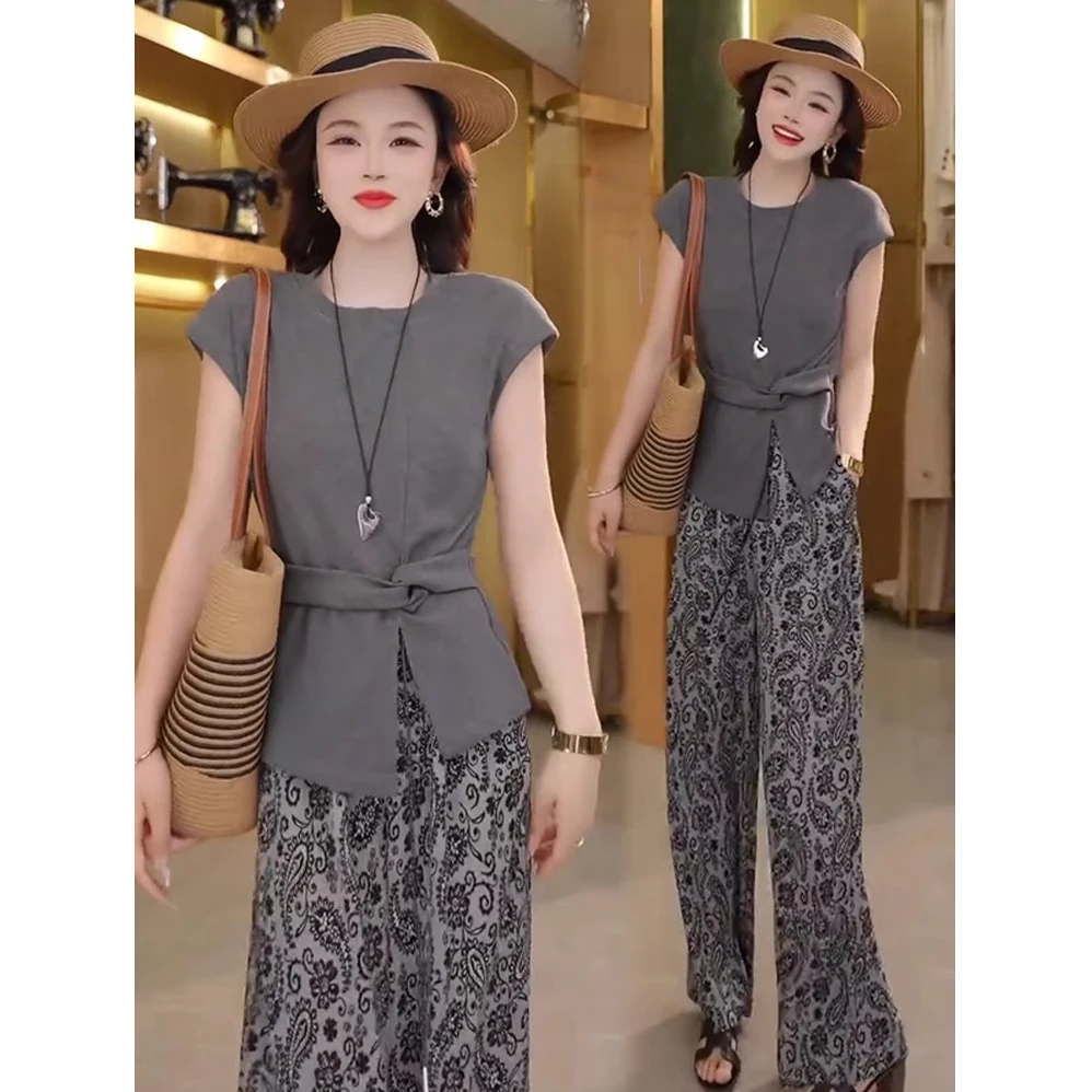 时尚套装女2025夏季新款时髦洋气不规则显瘦短袖上衣阔腿裤两件套
