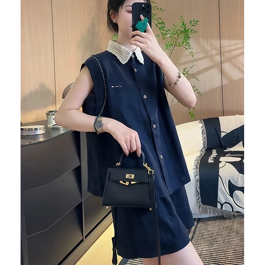 韩系设计感重工蕾丝领无袖衬衫短裤套装女2025新款时尚显瘦两件套