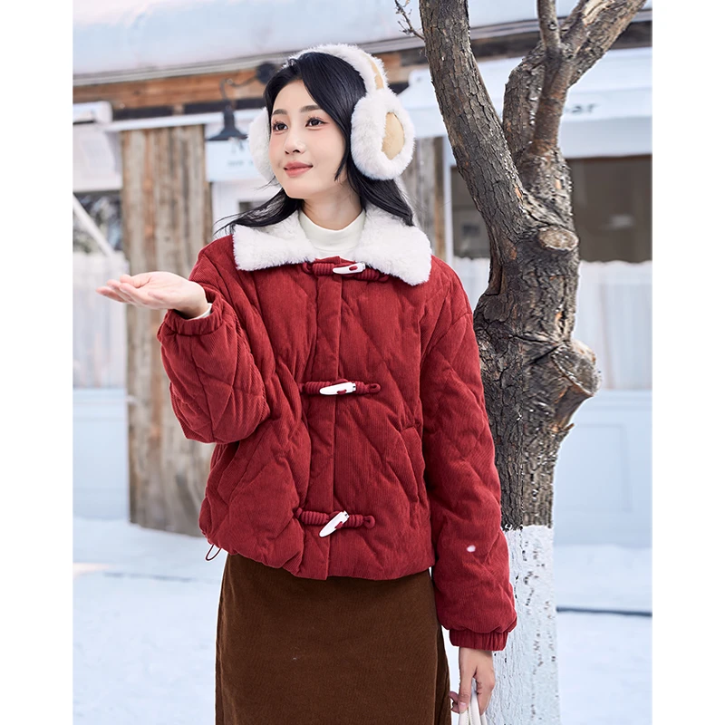 【视频同款】茵曼冬鸭绒灯芯绒好羽绒服女毛领菱格厚实衣保暖外套