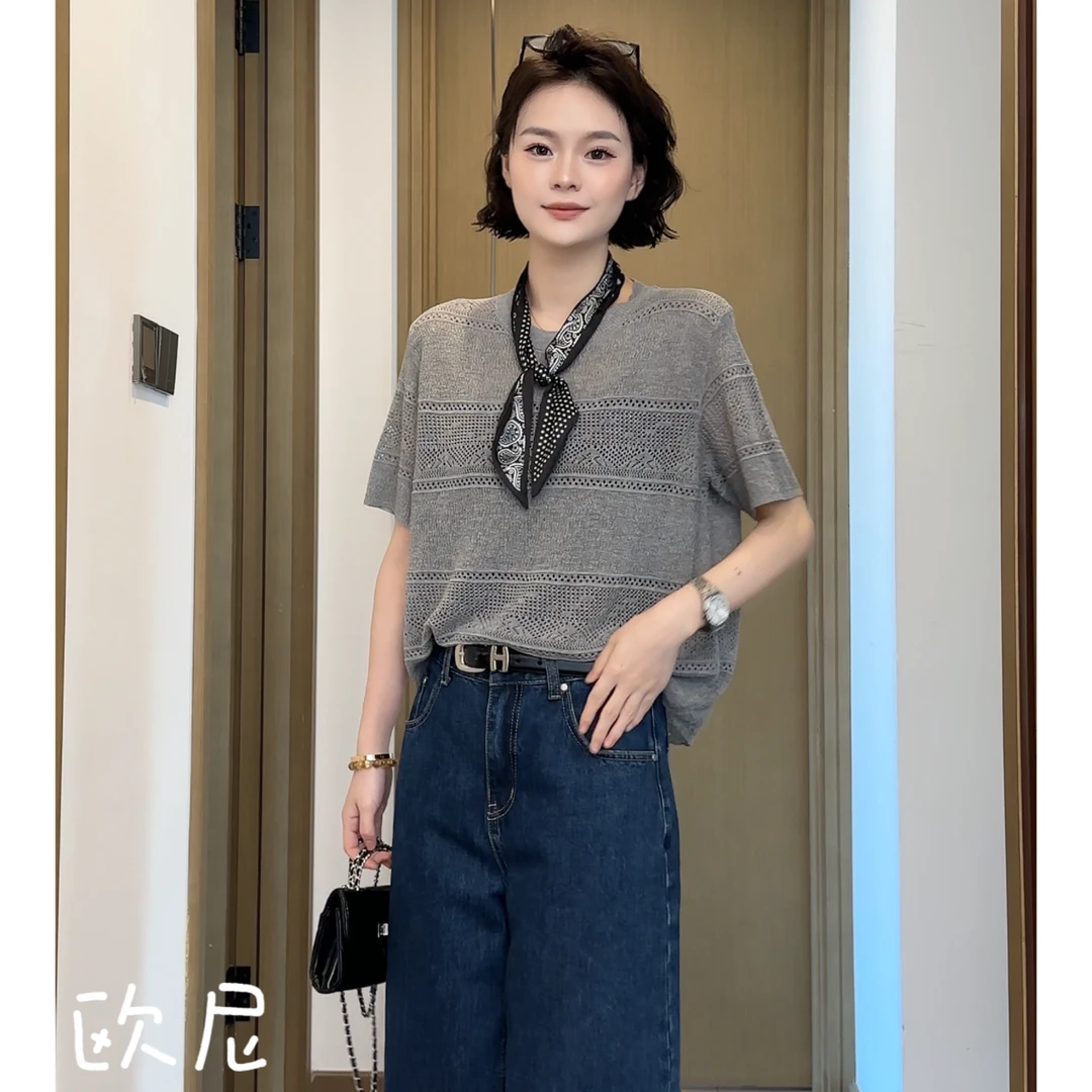 欧尼私服 2025夏薄款镂空设计圆领短袖T恤百搭针织上衣2504C2025