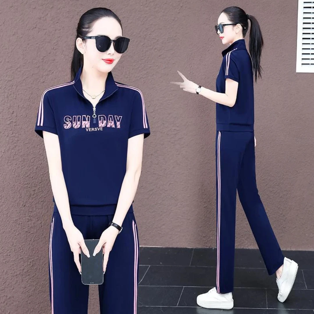 夏季运动服套装女2025年新款宽松洋气妈妈夏装短袖休闲两件套502