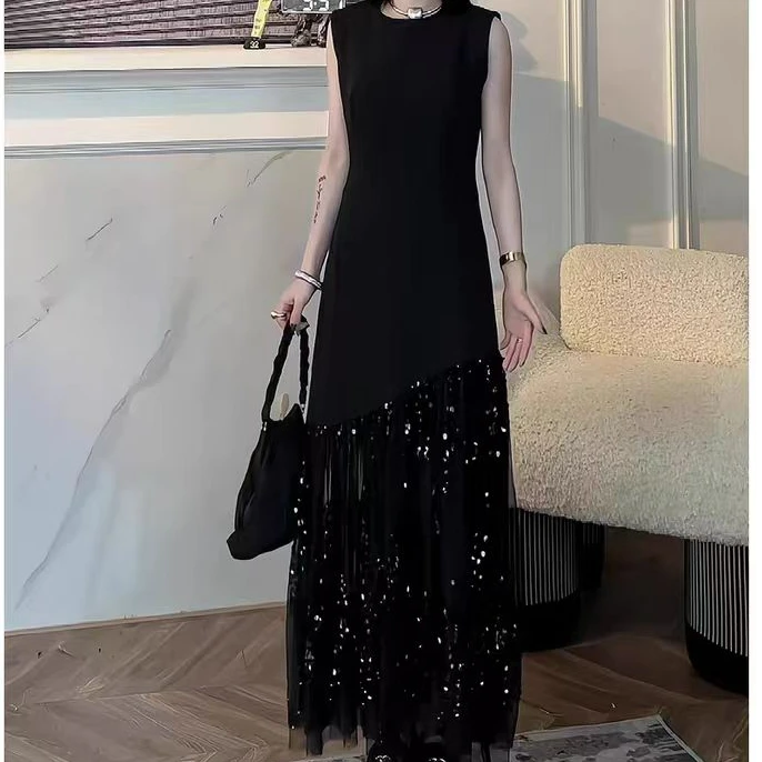 亮片连衣裙裙子上衣小黑裙穿搭夏季出行长款纯欲慵懒风洋气衣服女