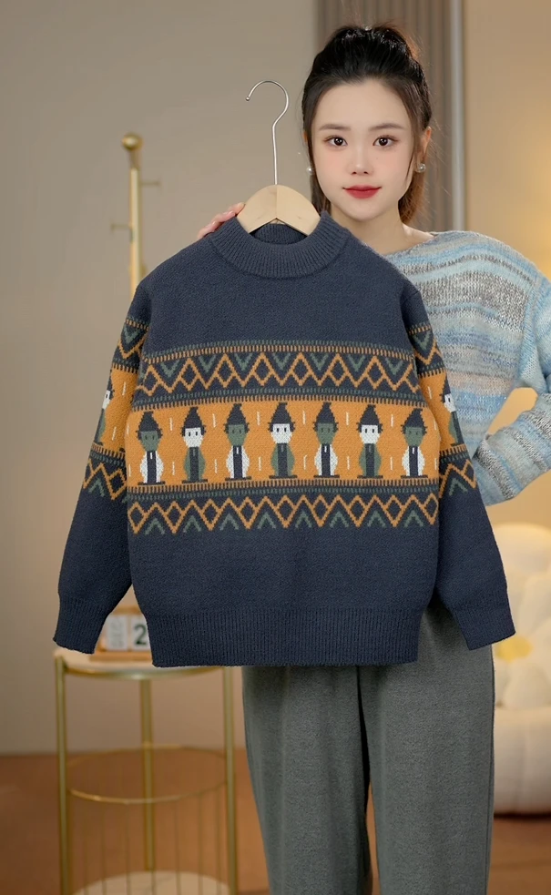 2025春秋新款男中大童针织毛衣男童时尚洋气加厚涂鸦拼色潮流款