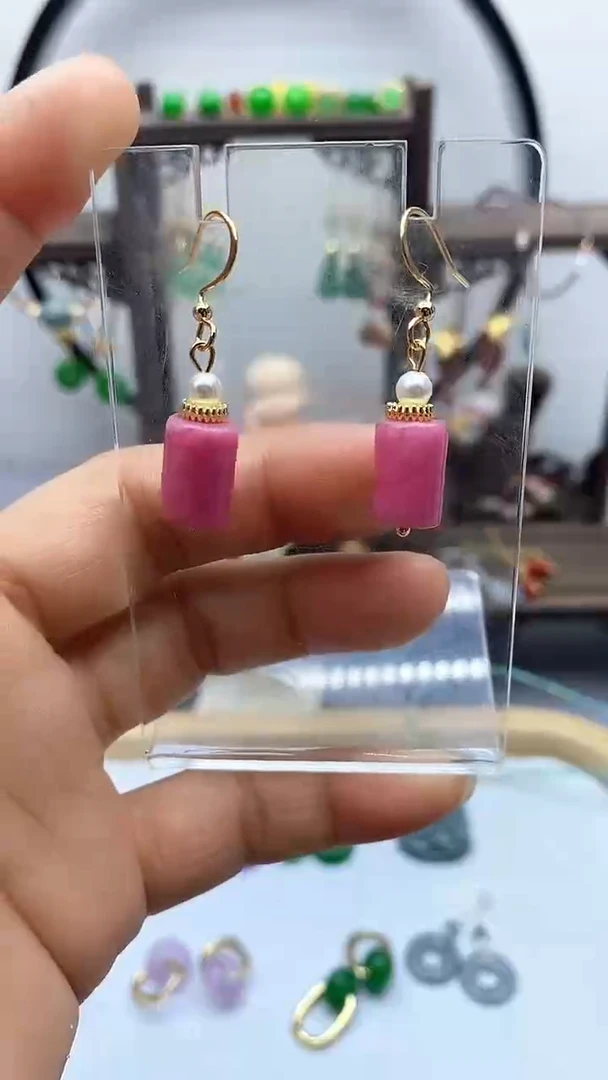 菱锰矿（红纹石）14K金镶嵌耳饰71