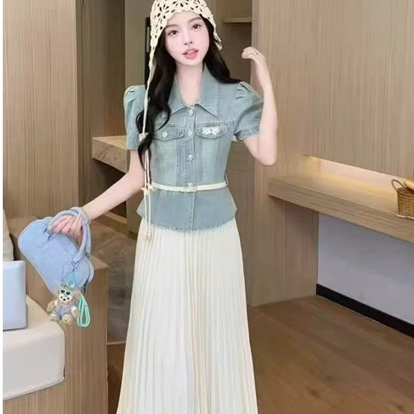 0399#高级牛仔拼接两件连衣裙 夏季新款收腰显瘦气质中长款裙子