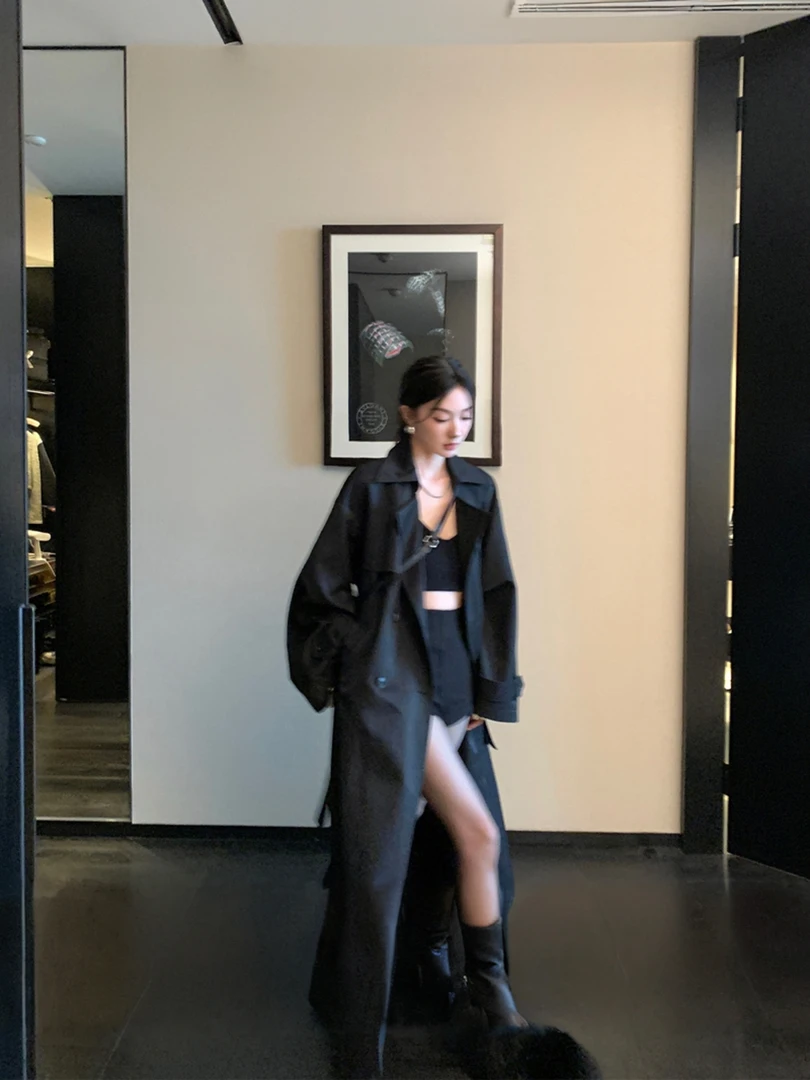 翻领中长款长袖时尚风衣英伦风POLO领外套包袖常规大衣风衣外套女