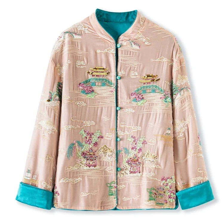 超重工真丝新中式外套女秋冬洋气刺绣订珠亮片国风宽松唐装上衣