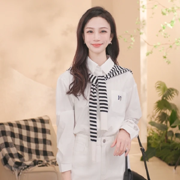 【好东西】茵曼春季法式通勤翻领长袖衬衫胸口LOGO纯棉百搭衬衣女