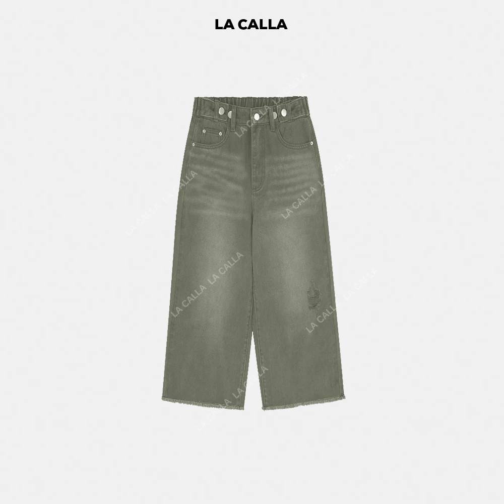 LA CALLA咖牛磨破设计水宽松直筒牛仔裤YY51-2164