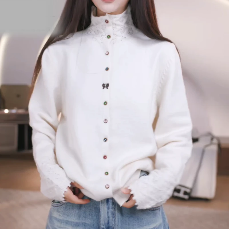 2026新款菱格拼接高领多色纽扣开衫菱格手袖针织上衣LK2509379