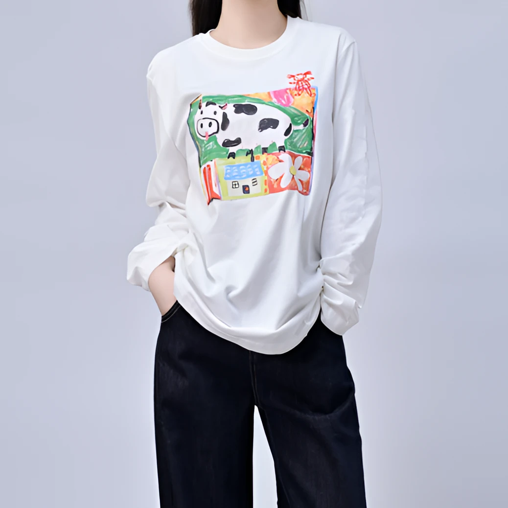 2025小众设计师长袖宽松奶牛油画印花T恤春秋秋季打底衫白色女