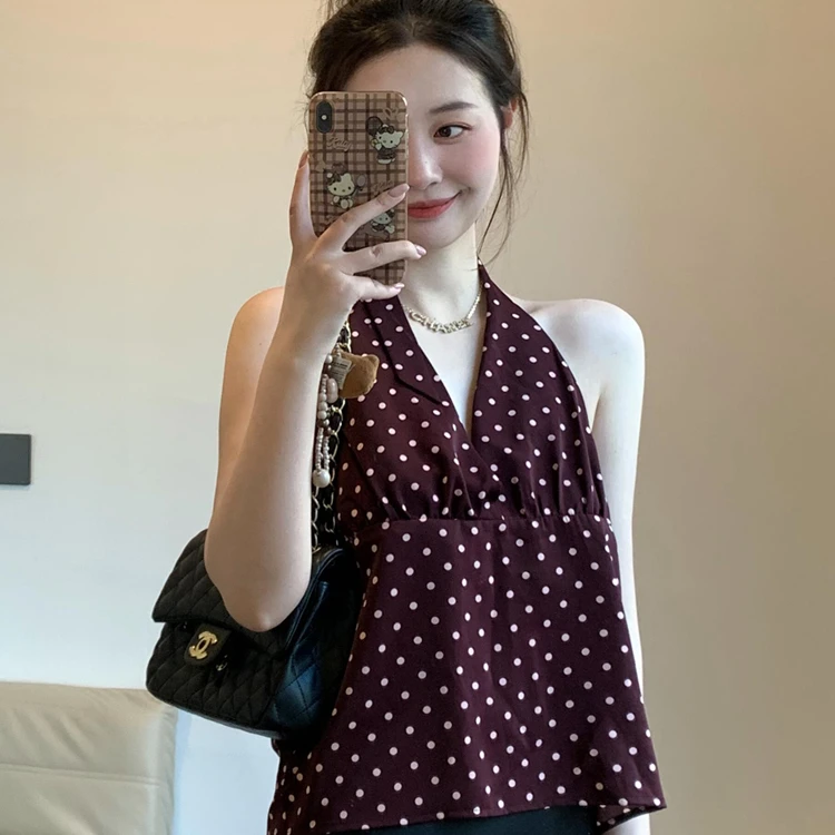 法式波点挂脖吊带背心女新款漂亮小衫遮肚子无袖上衣