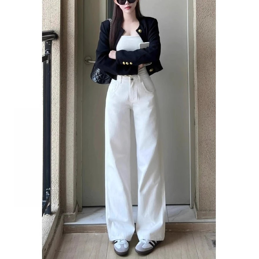 春季新款白色直筒拖地牛仔裤女春季2025高腰宽松显瘦垂感阔腿裤
