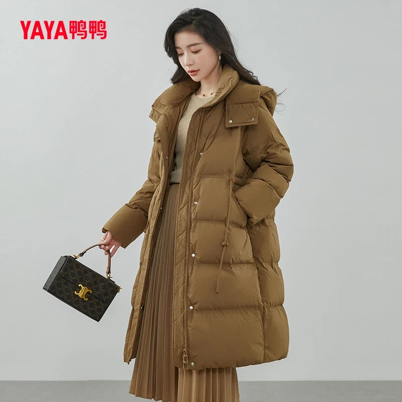 鸭鸭羽绒服女长款连帽时尚韩版宽松保暖加厚外套-TXS