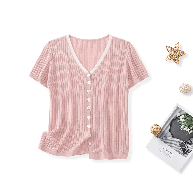 【100桑蚕丝】V领撞色拼接开衫夏季冰霜清凉