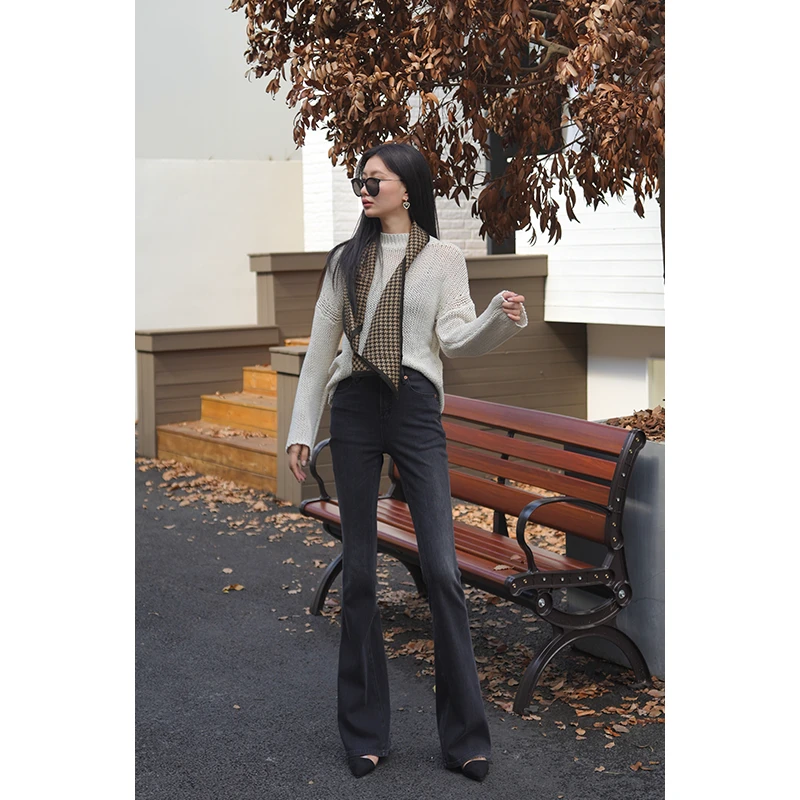 【ZOE】• 海洋系列 •黑灰中高腰喇叭裤新款设计感微喇显高显瘦