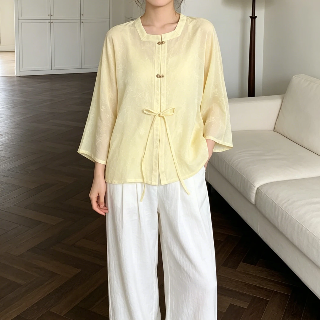 桑蚕丝改良汉服款开衫长袖上衣外套四经绞罗彩通真丝精致时尚潮
