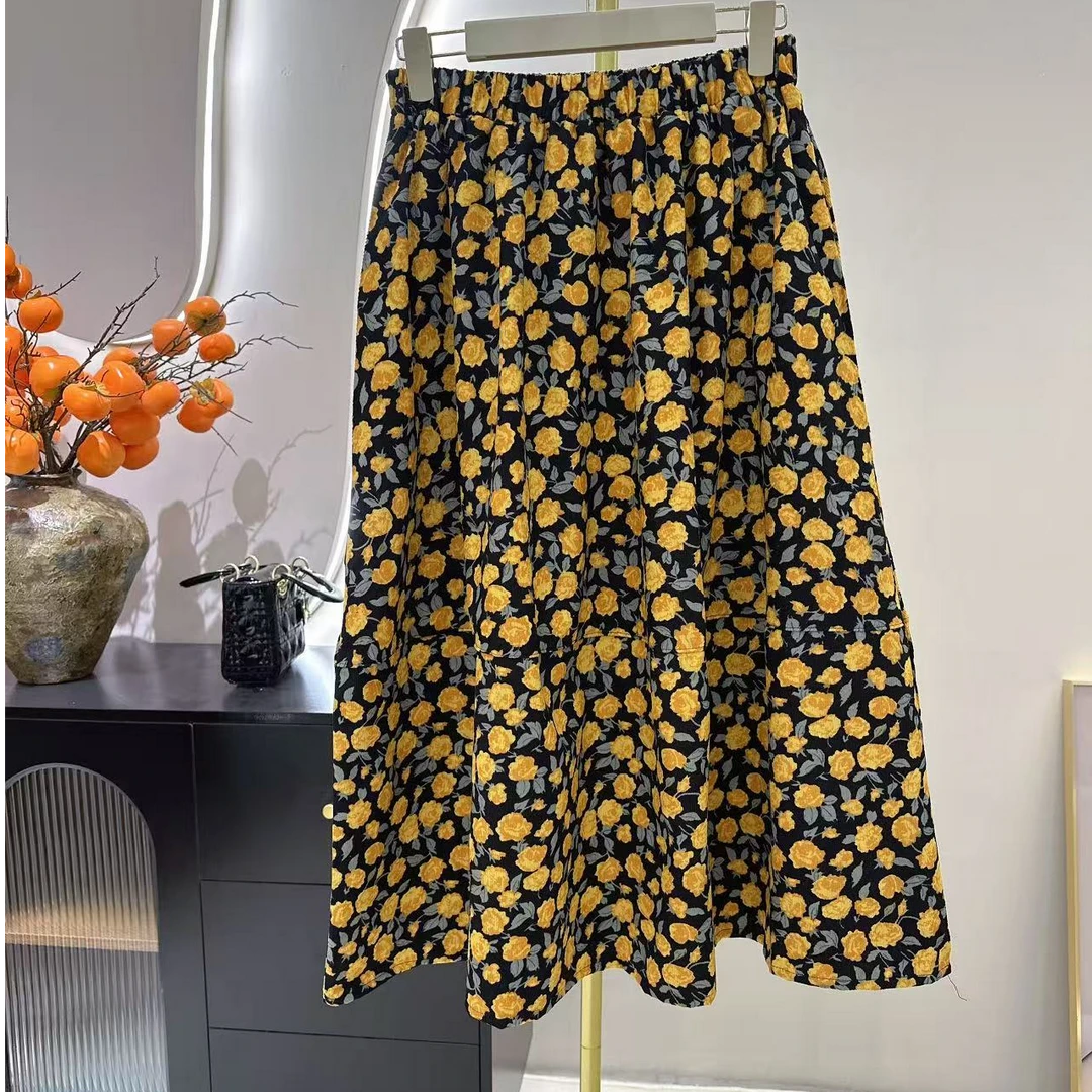 黄色玫瑰花半身裙高腰显瘦a字优雅气质中长款Q1101