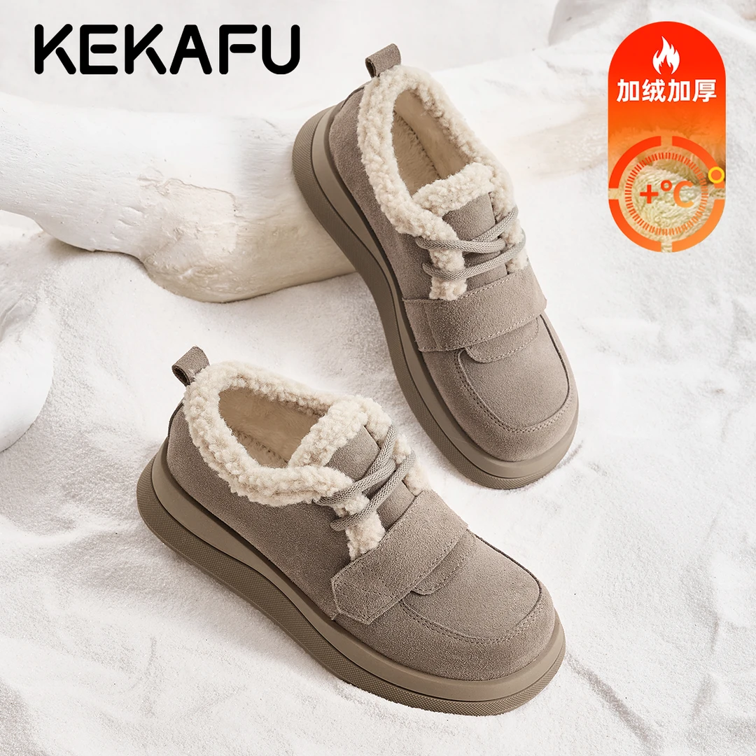 珂卡芙韩版时尚灰色单鞋女2025冬季新款百搭加绒勃肯鞋一脚蹬棉鞋