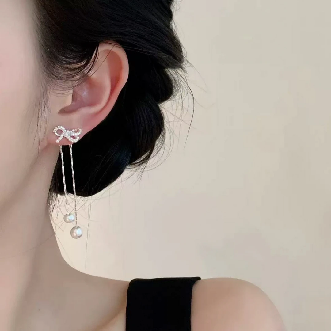 合金仿珍珠耳饰 前后两戴蝴蝶结珍珠流苏耳钉女适合方圆脸的耳环